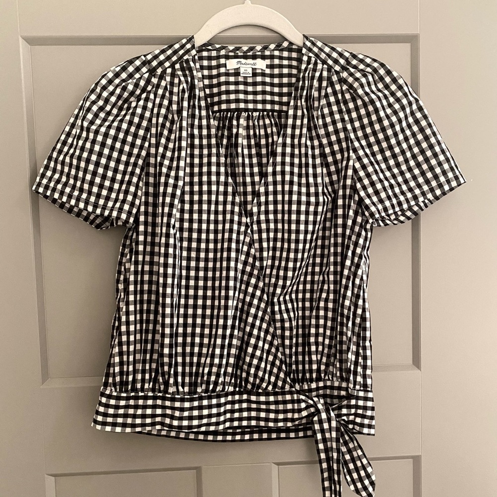 🌻 Madewell Short-Sleeve Cropped Wrap Top in Black/White Gingham Check - XS / M - Picture 8 of 10